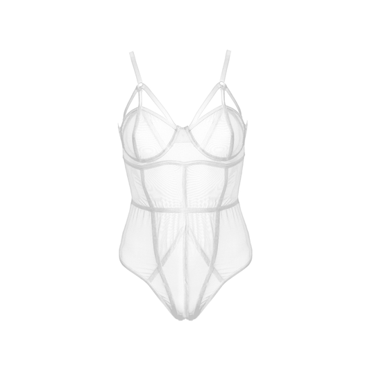 Love In Leather - Sheer White Panelled Bodysuit | Large