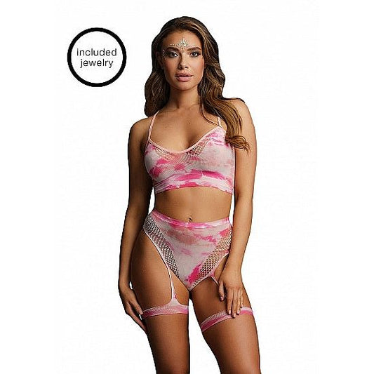 Le Désir - Two Piece Bra Set with Garters & Eye Bling | Tie Dye
