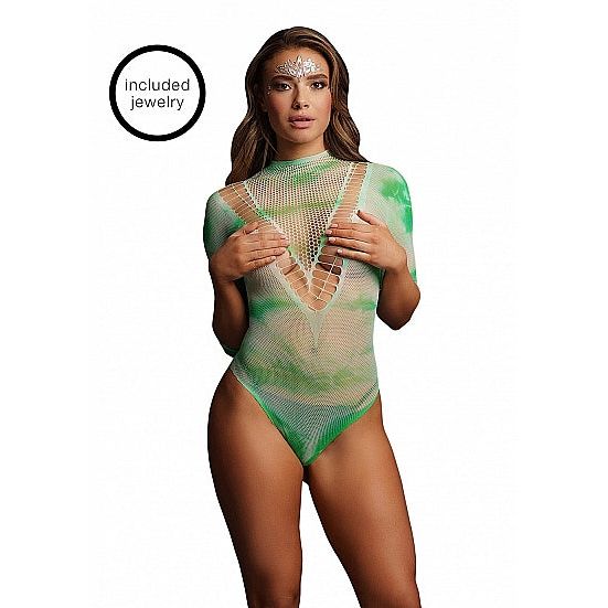 Le Désir - Short Sleeve Mesh Bodysuit with Face Bling | Tie Dye