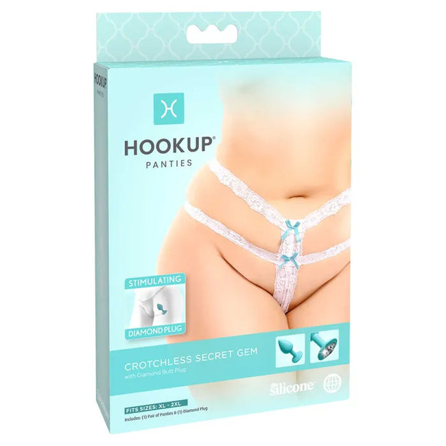 HOOKUP - Crotchless Secret Gem - White | Panties & Diamond Butt Plug Set