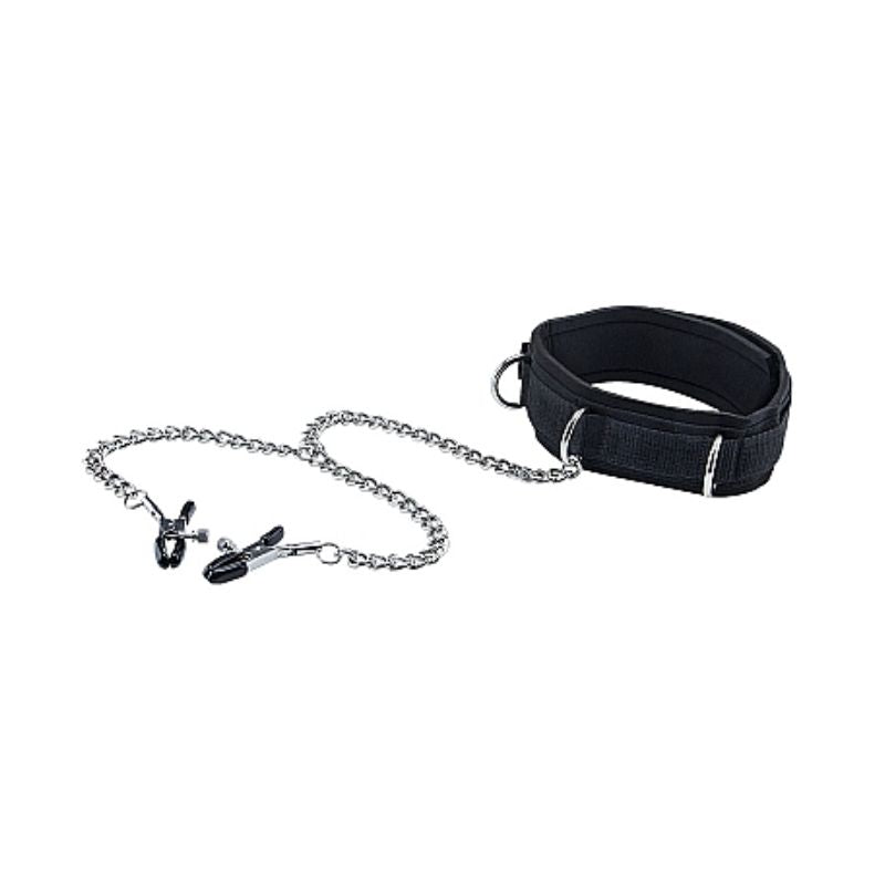 Ouch! - Black & White | Velcro Collar with Nipple Clamps