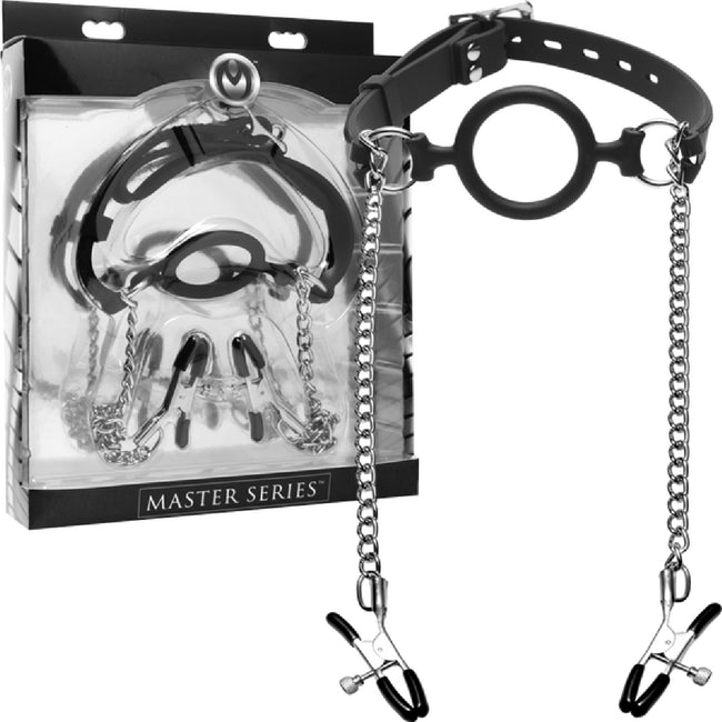Master Series - Mutiny Silicone O-Ring Gag With Nipple Clamps | Gag & Nipple Clamp Set