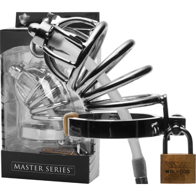 Master Series - Stainless Steel Chastity Cage With Silicone Urethral Plug | Chastity Cage