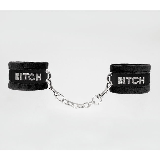 Love In Leather - Bitch Diamante Wrist Restraints | Black
