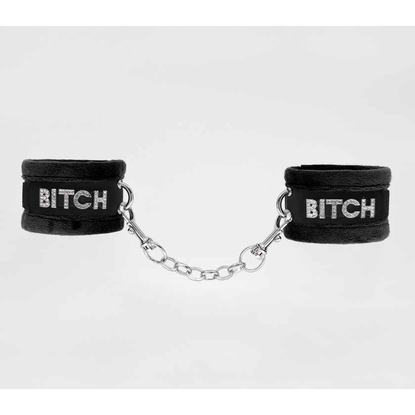 Love In Leather - Bitch Diamante Wrist Restraints | Black
