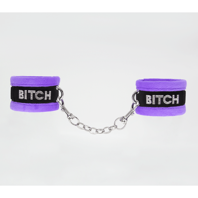 Love In Leather - Bitch Diamante Wrist Restraints | Purple
