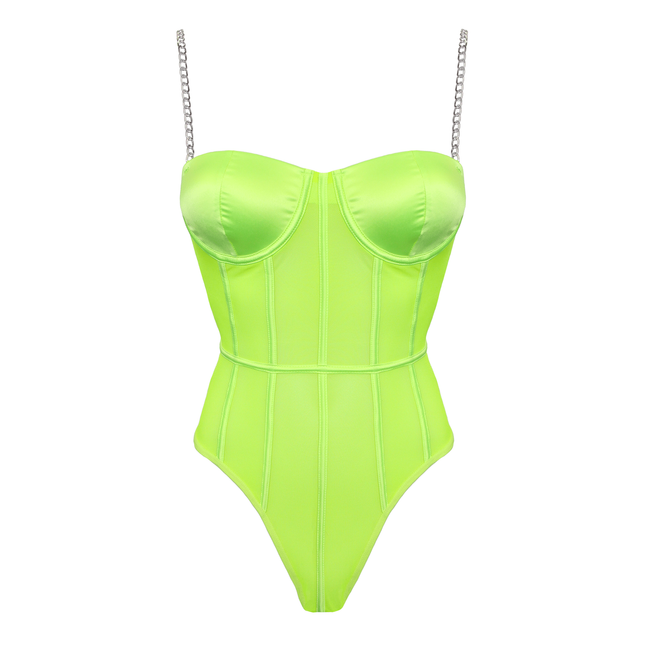 Love In Leather - Structured Fluro Green Mesh Bodysuit w/ Gold Chain Straps | Small
