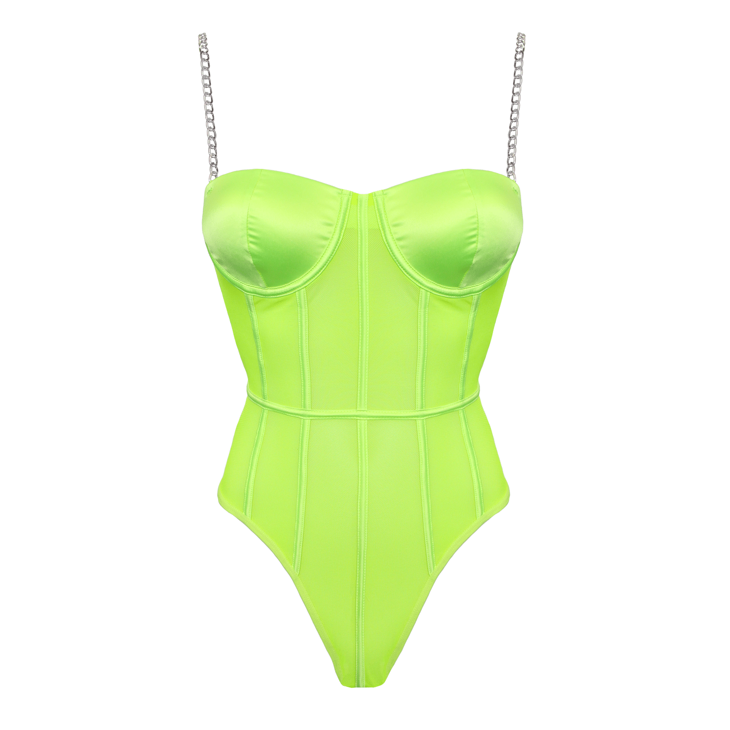 Love In Leather - Structured Fluro Green Mesh Bodysuit w/ Gold Chain Straps | Medium