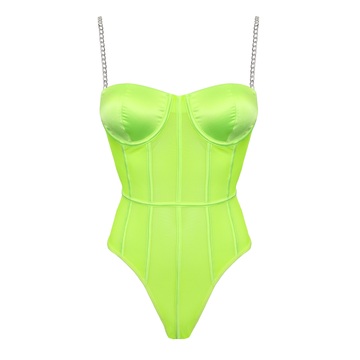 Love In Leather - Structured Fluro Green Mesh Bodysuit w/ Gold Chain Straps | Medium