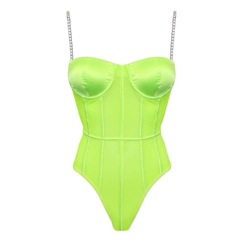 Love In Leather - Structured Fluro Green Mesh Bodysuit w/ Gold Chain Straps | Medium