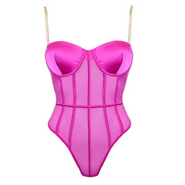 Love In Leather - Structured Fluro Pink Mesh Bodysuit w/ Gold Chain Straps | Extra Large
