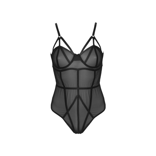 Love In Leather - Sheer Black Panelled Bodysuit | Large
