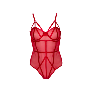 Love In Leather - Sheer Red Panelled Bodysuit | Medium