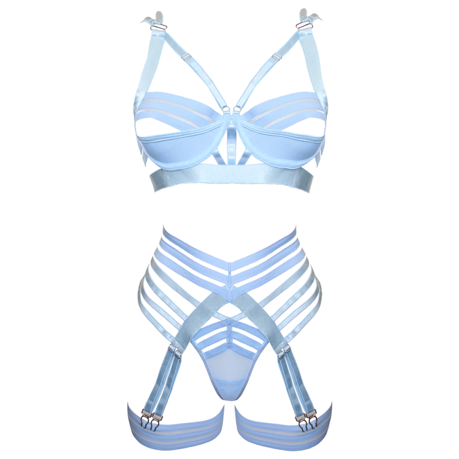 Love In Leather - Blue Strappy Harness Lingerie Set | Small