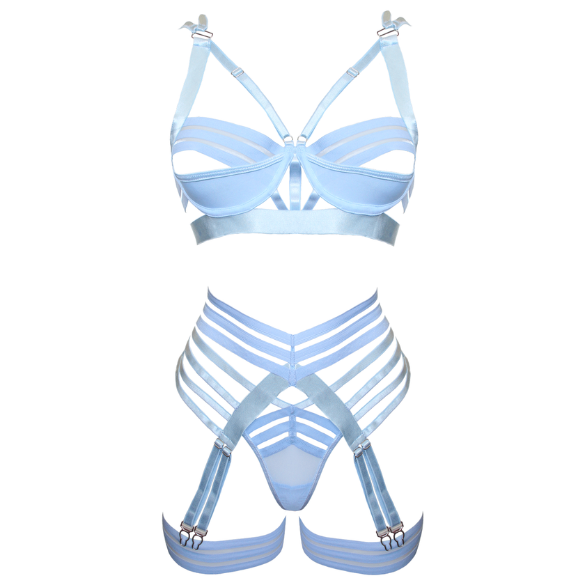 Love In Leather - Blue Strappy Harness Lingerie Set | Large