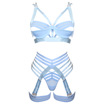 Love In Leather - Blue Strappy Harness Lingerie Set | Medium