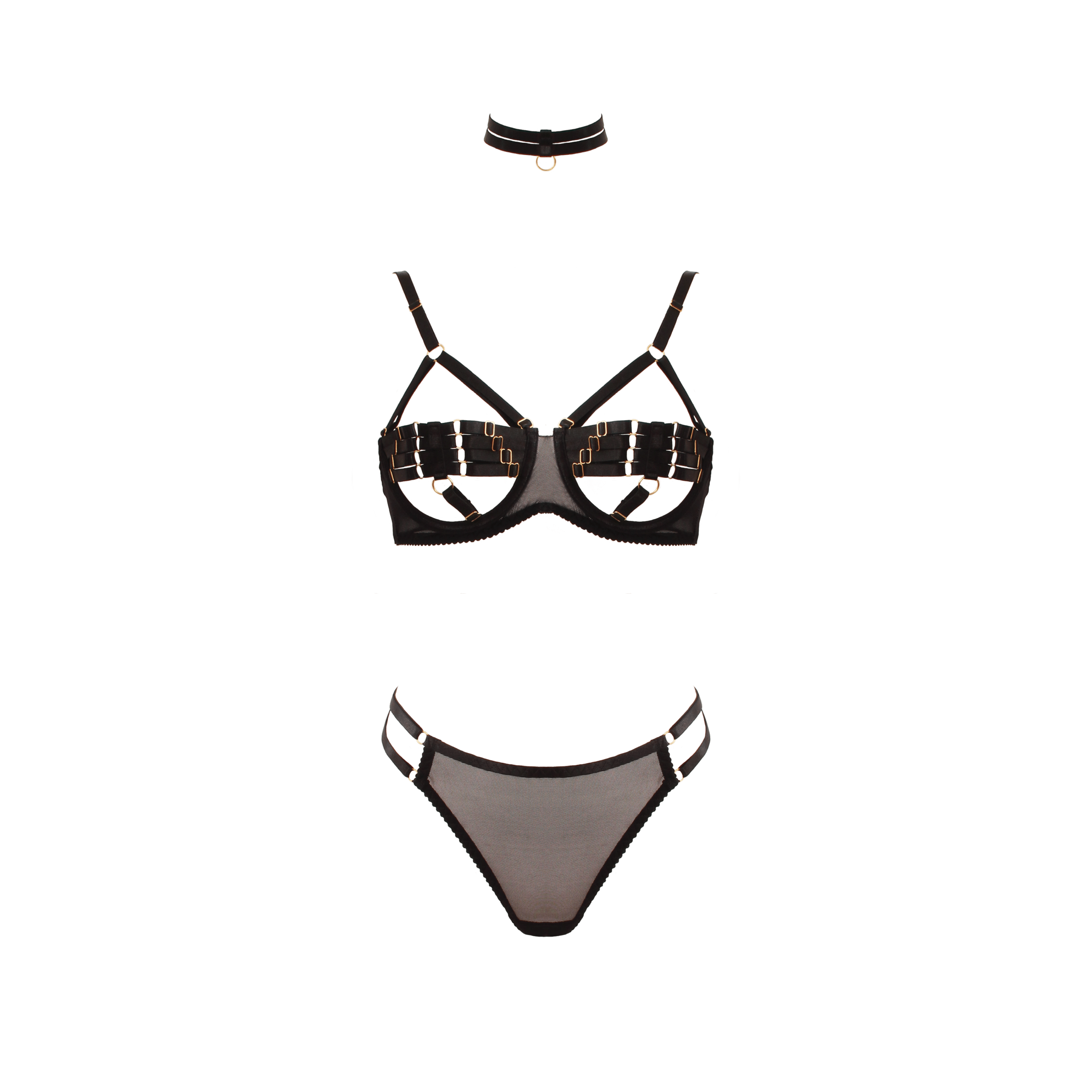 Love In Leather - Peek-A-Boo Bra & Panty Set w/ Choker | Small