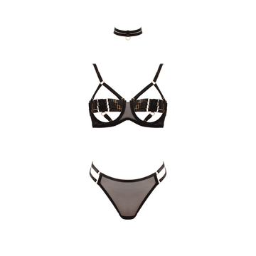 Love In Leather - Peek-A-Boo Bra & Panty Set w/ Choker | Small