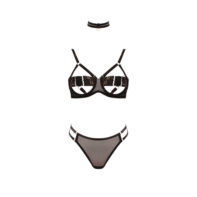 Love In Leather - Peek-A-Boo Bra & Panty Set w/ Choker | Medium