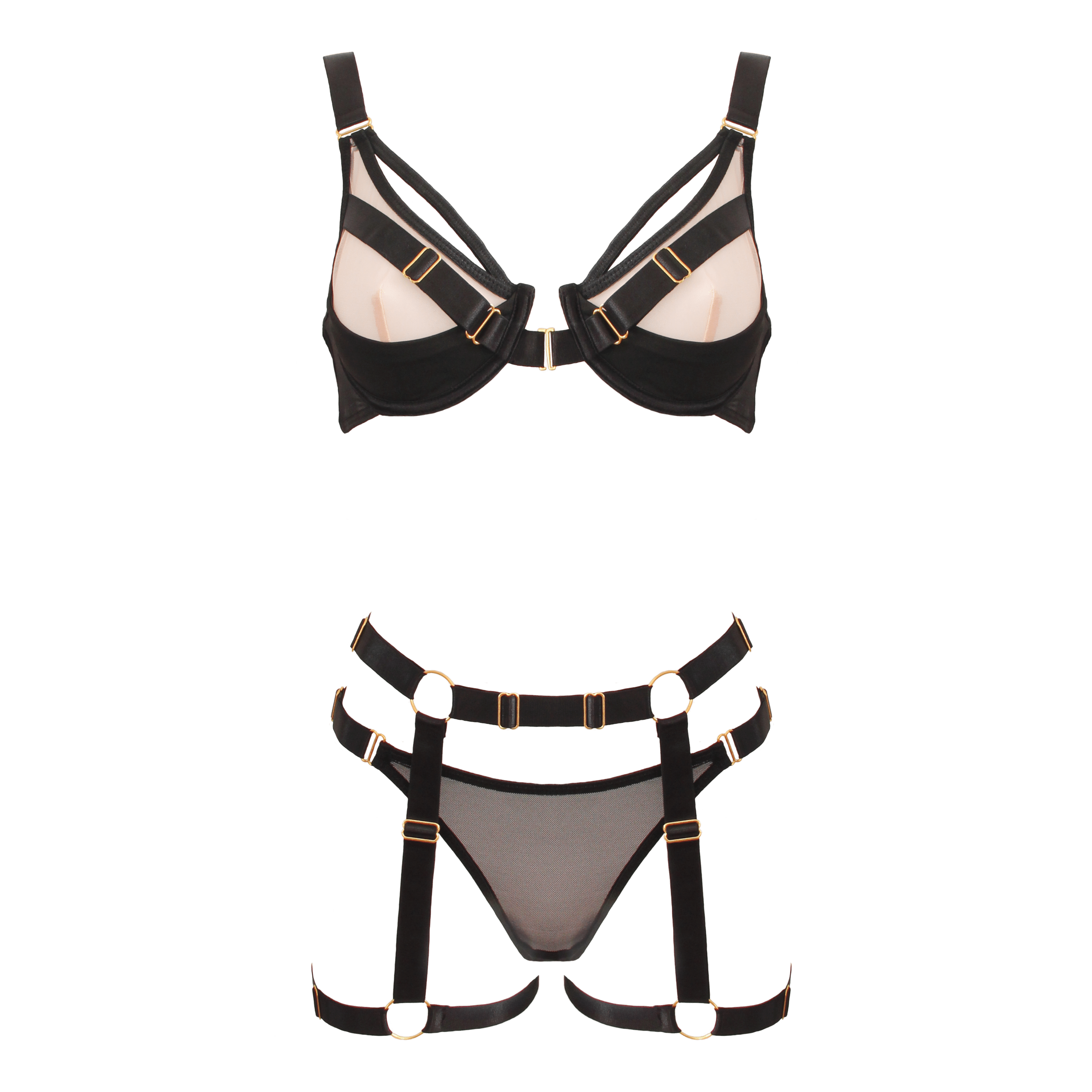 Love In Leather - Strappy Nude & Black Lingerie Set | Small