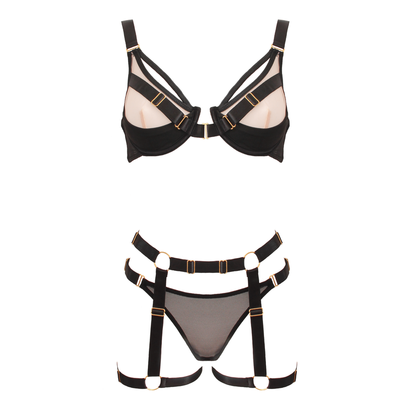 Love In Leather - Strappy Nude & Black Lingerie Set | Small