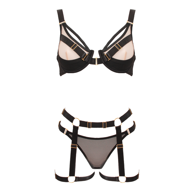 Love In Leather - Strappy Nude & Black Lingerie Set | Medium