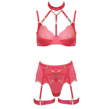 Love In Leather - 5 Piece Pink Luxurious Lingerie Set | Medium