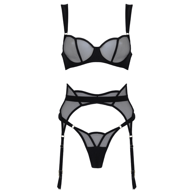 Love In Leather - Scalloped Black Mesh & Satin 3 Piece Lingerie Set | Small