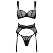 Love In Leather - Scalloped Black Mesh & Satin 3 Piece Lingerie Set | Medium