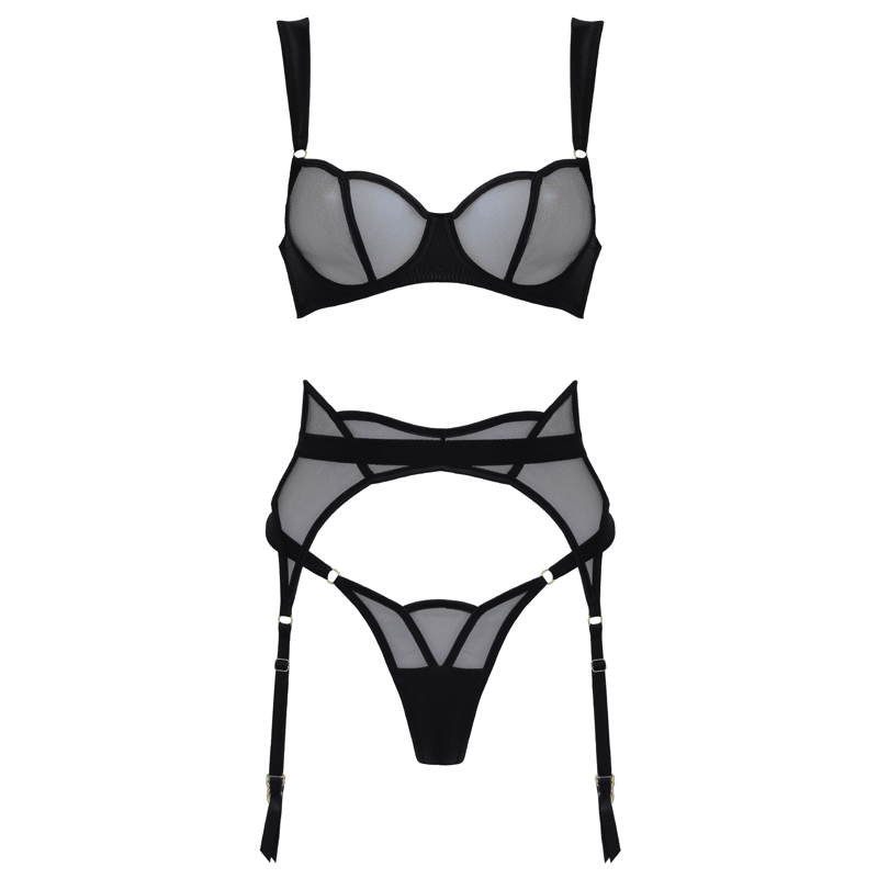 Love In Leather - Scalloped Black Mesh & Satin 3 Piece Lingerie Set | Medium