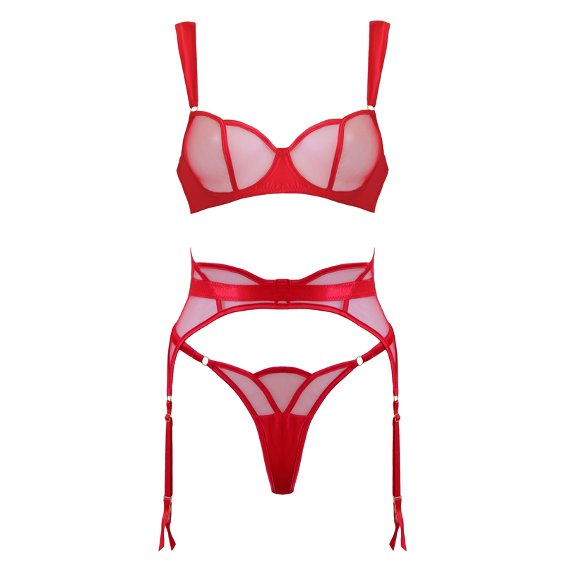 Love In Leather - Scalloped Red Mesh & Satin 3 Piece Lingerie Set | Medium