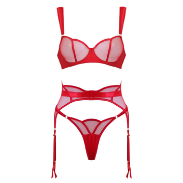 Love In Leather - Scalloped Red Mesh & Satin 3 Piece Lingerie Set | Medium