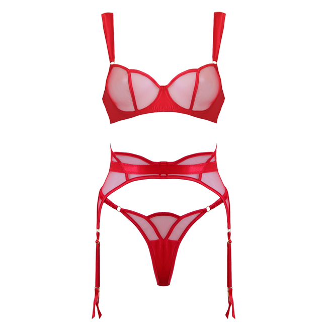 Love In Leather - Scalloped Red Mesh & Satin 3 Piece Lingerie Set | Medium