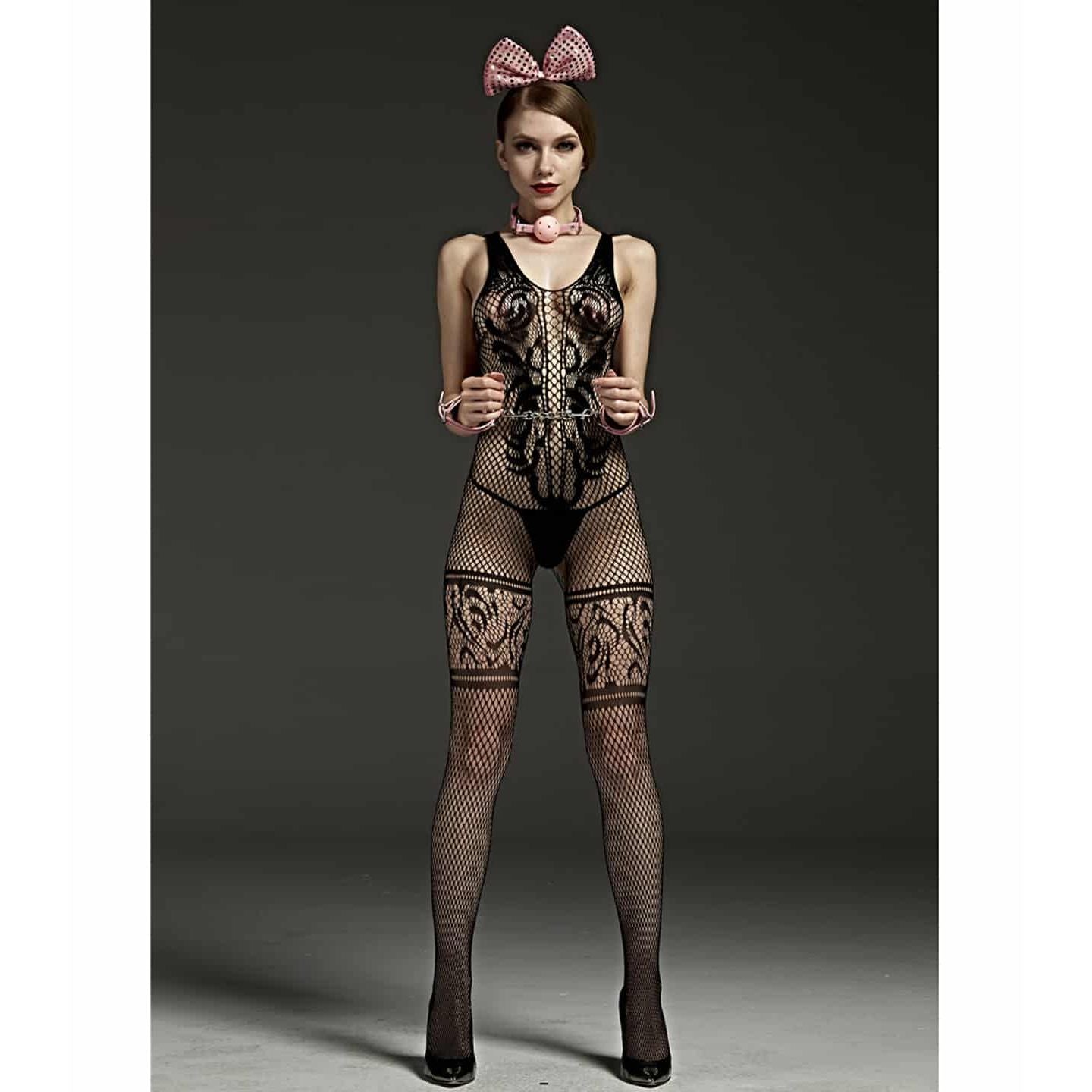 Love In Leather -  Crotchless Lace V Neck Bodystocking | One Size