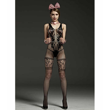 Love In Leather -  Crotchless Lace V Neck Bodystocking | One Size