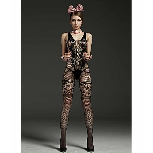 Love In Leather -  Crotchless Lace V Neck Bodystocking | One Size