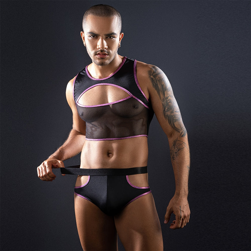 Love In Leather - Male Two Piece Sheer Lingerie Set | One Piece