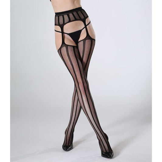 Love In Leather - Contrast Stripes Thigh High Stockings w/ Attached Garter | One Size
