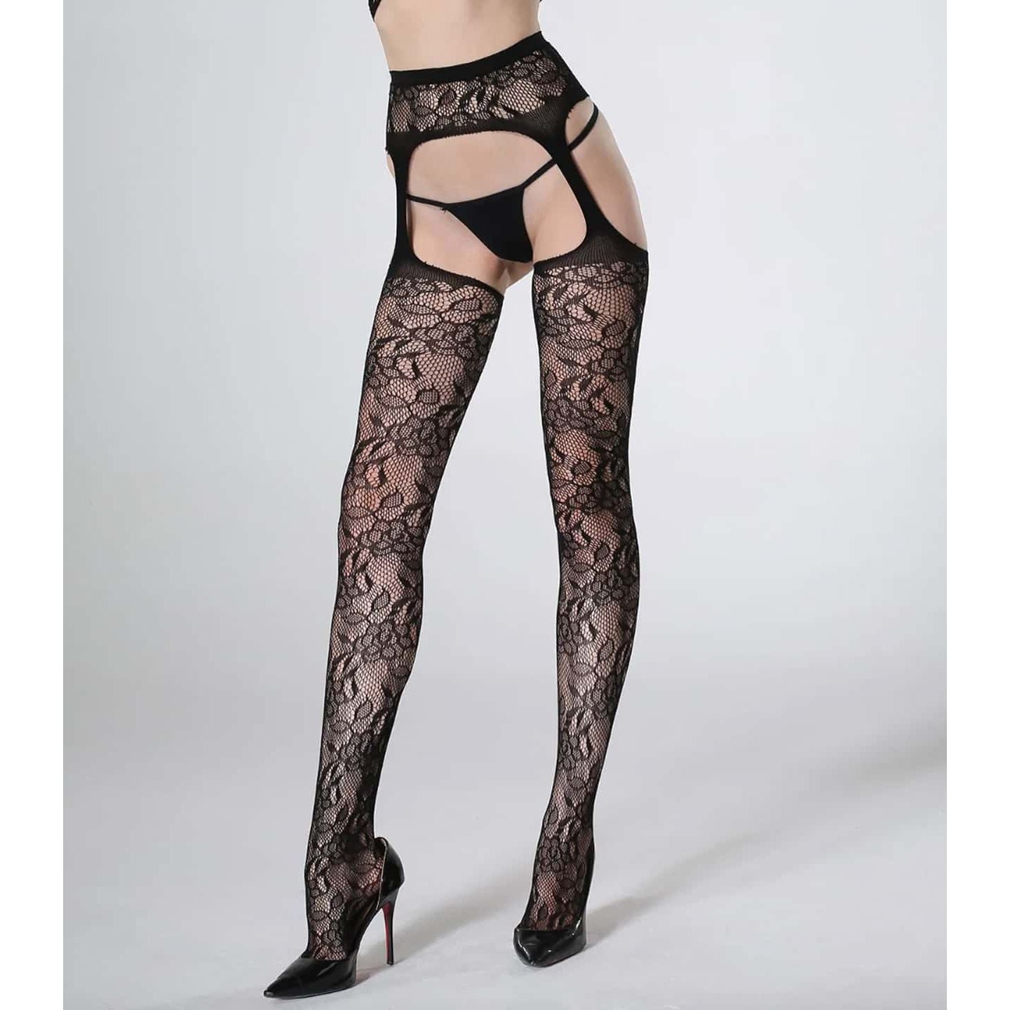 Love In Leather - Floral Fishnet Thigh High Stockings w/ Attached Garter | One Size