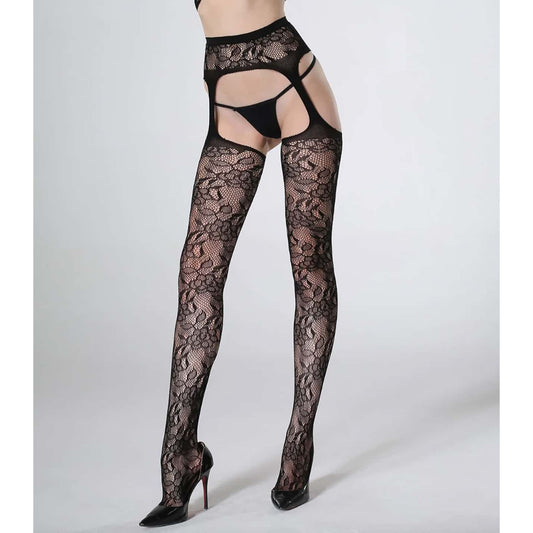 Love In Leather - Floral Fishnet Thigh High Stockings w/ Attached Garter | One Size
